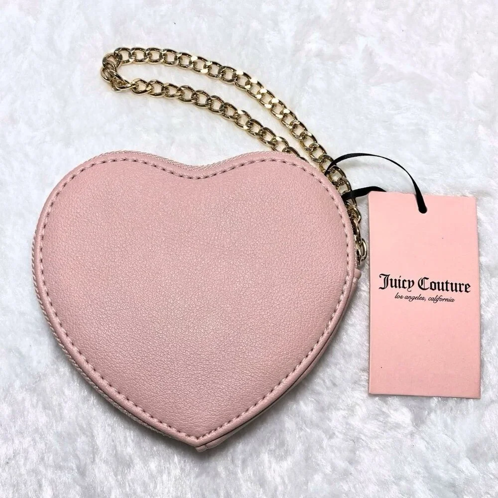 Juicy Couture Pink Diamonds & Pearls Heart Shape Logo Gold Chain Wristlet Bag